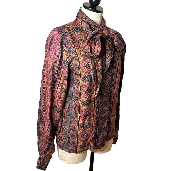 Vintage Womens Bow Blouse Size 6 Pure Rayon Button Front Neck Tie Matte Finish - Picture 5 of 16